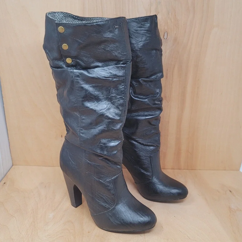 QUPID Women's Boots Size 6.5 Black Knee Hi Roll Down Tweed Pull Ons